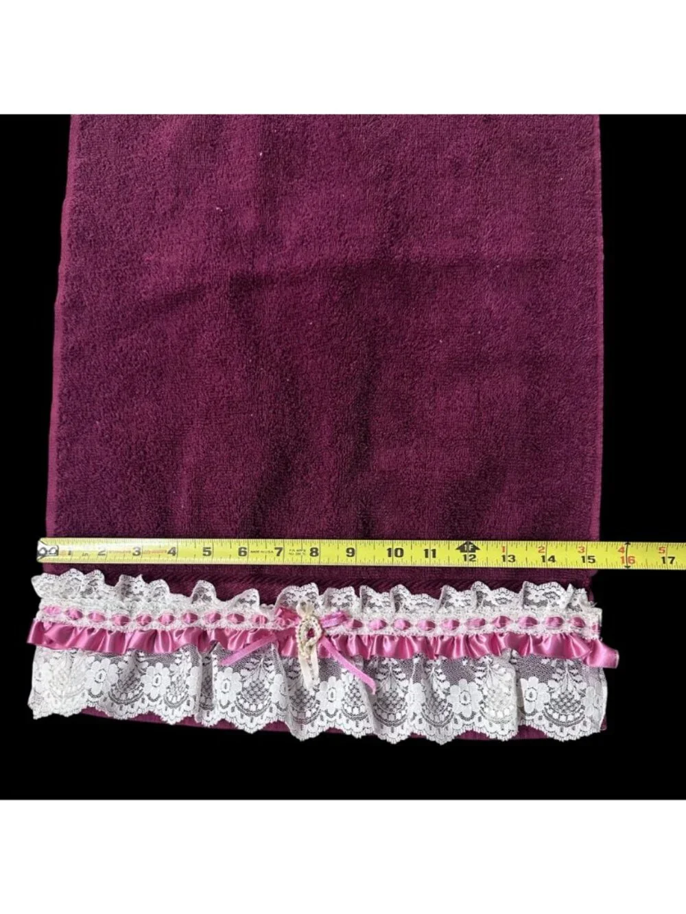Vintage Maroon Hand Towel Washcloth Set Lace Pink Ribbon 90s Granny Cottagecore